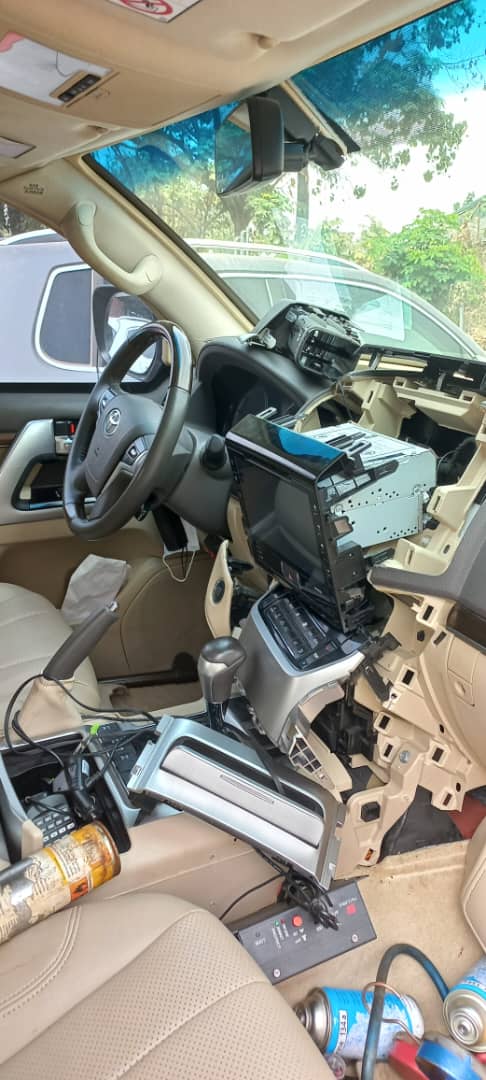 Toyota Prado interior with dashboard and head unit removed